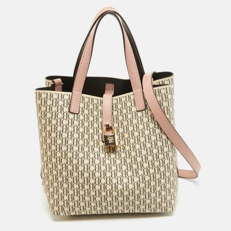 Pre Owned Carolina Herrera Pink/Off White Monogram Coated Canvas and Leather Small Matryoshka Locked Tote