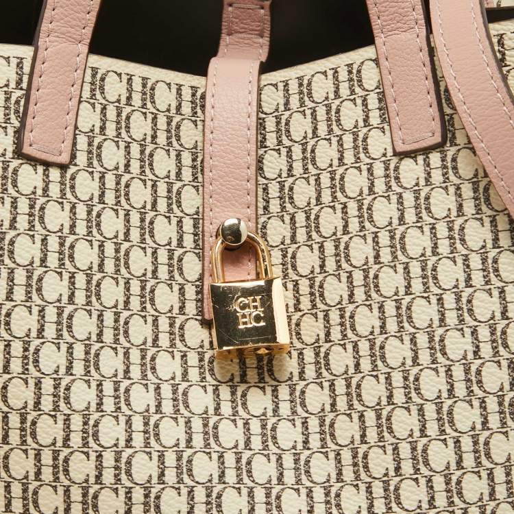 Pre Owned Carolina Herrera Pink/Off White Monogram Coated Canvas and Leather Small Matryoshka Locked Tote