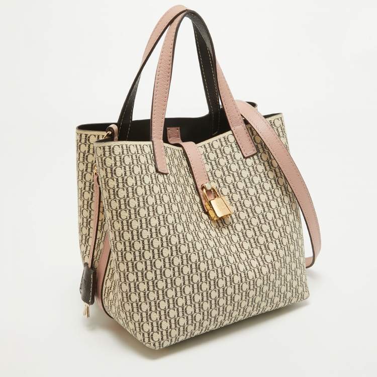 Pre Owned Carolina Herrera Pink/Off White Monogram Coated Canvas and Leather Small Matryoshka Locked Tote