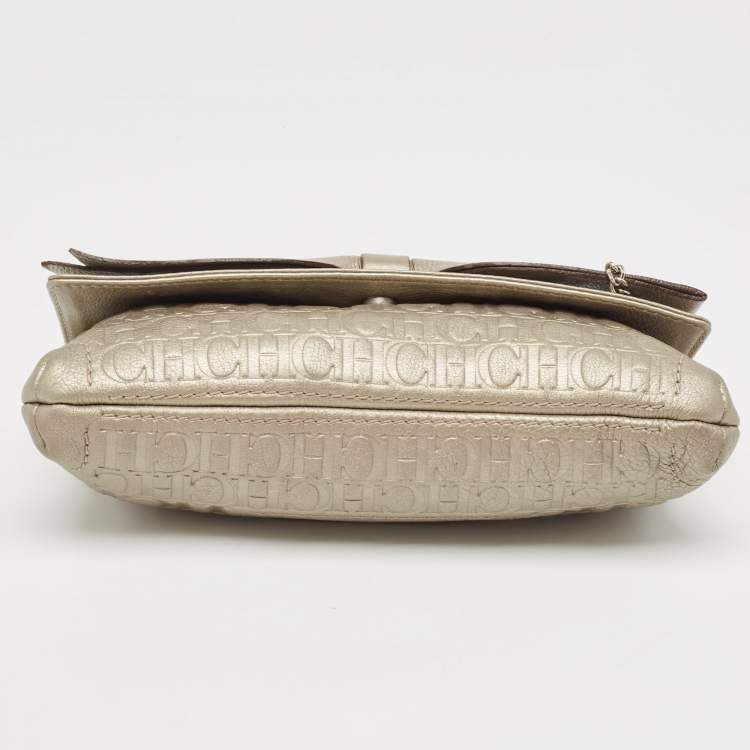 Pre Owned Carolina Herrera Grey Monogram Embossed Leather Bow Flap Chain Clutch  