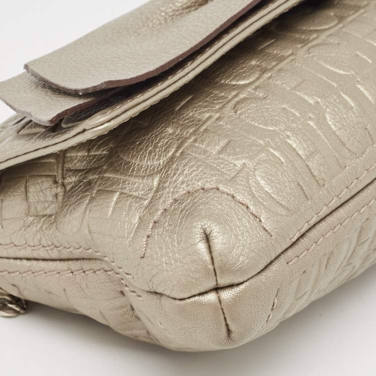 Pre Owned Carolina Herrera Grey Monogram Embossed Leather Bow Flap Chain Clutch  