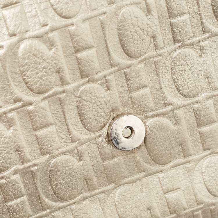 Pre Owned Carolina Herrera Grey Monogram Embossed Leather Bow Flap Chain Clutch  