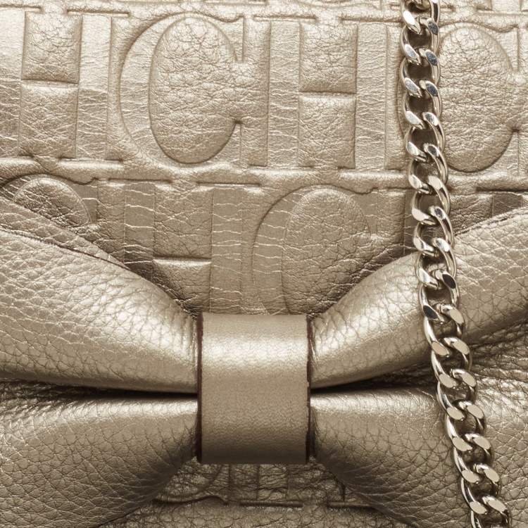 Pre Owned Carolina Herrera Grey Monogram Embossed Leather Bow Flap Chain Clutch  