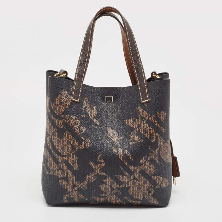 Pre Owned Carolina Herrera Black/Brown Monogram Coated Canvas and Leather Matryoshka Tote