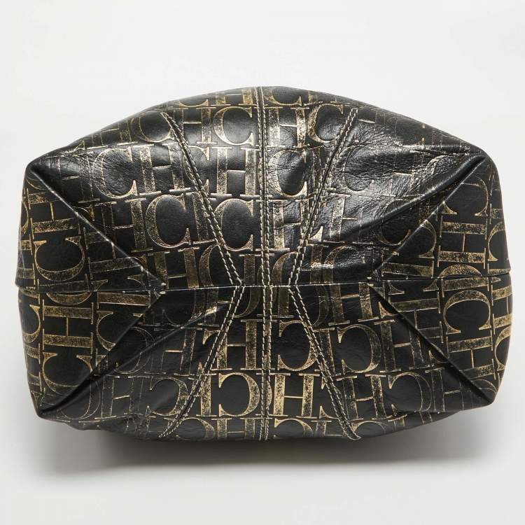 Pre Owned Carolina Herrera Black/Gold Monogram Embossed Leather Chain Tote