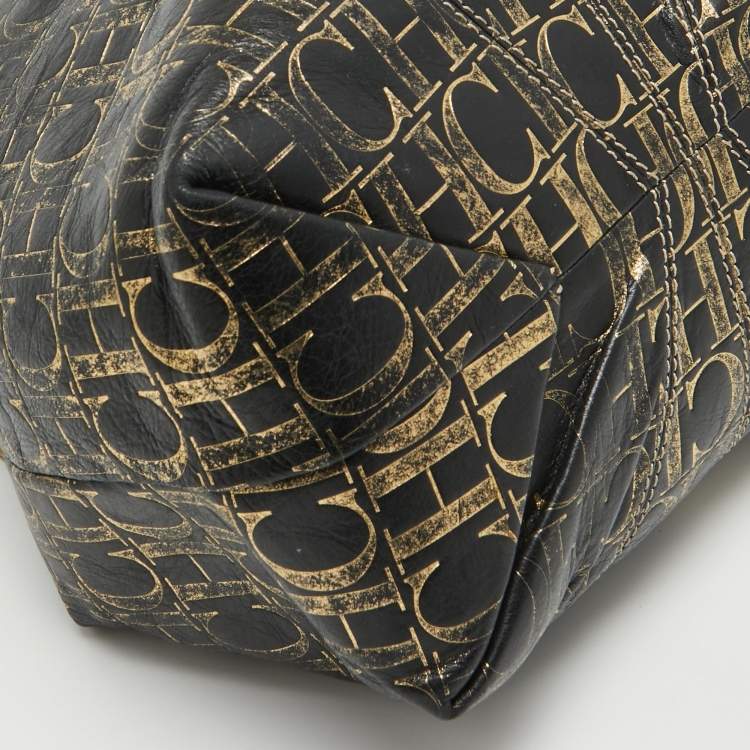Pre Owned Carolina Herrera Black/Gold Monogram Embossed Leather Chain Tote