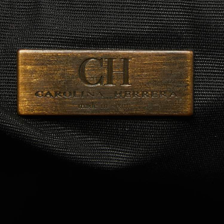 Pre Owned Carolina Herrera Black/Gold Monogram Embossed Leather Chain Tote