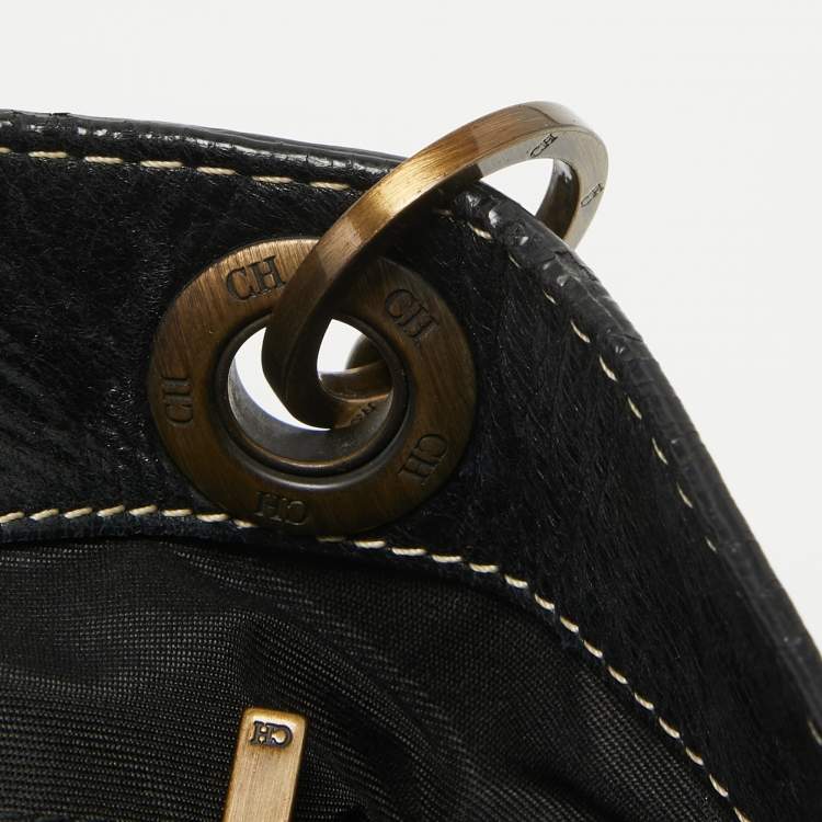 Pre Owned Carolina Herrera Black/Gold Monogram Embossed Leather Chain Tote