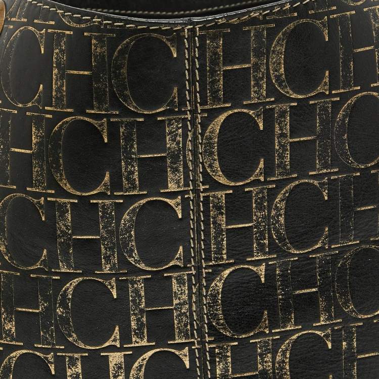Pre Owned Carolina Herrera Black/Gold Monogram Embossed Leather Chain Tote