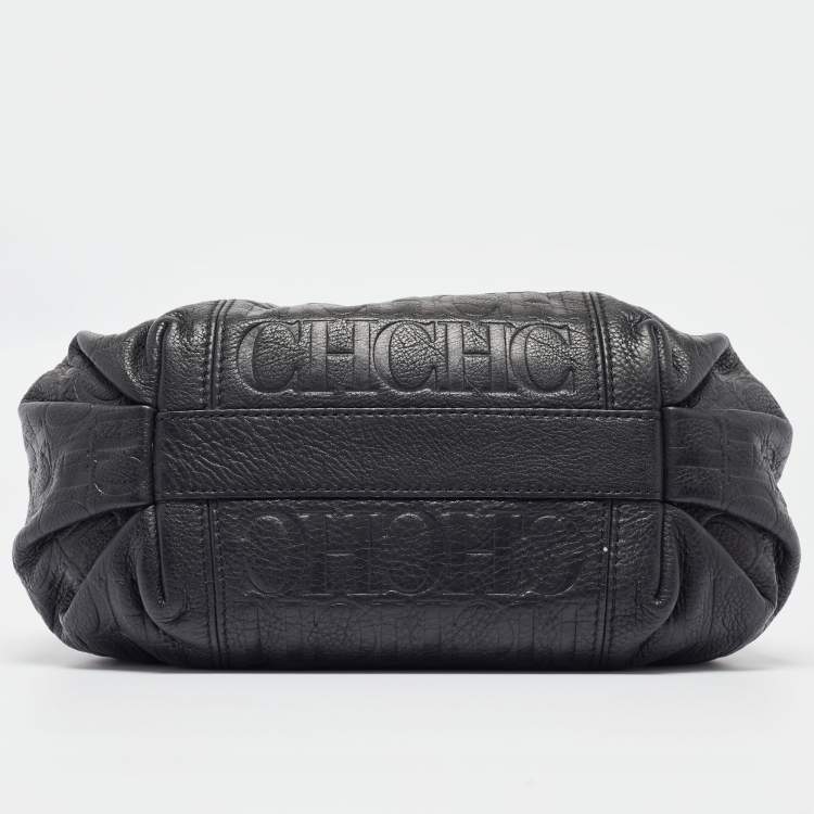 Pre Owned Carolina Herrera Black Monogram Embossed Leather Chain Hobo