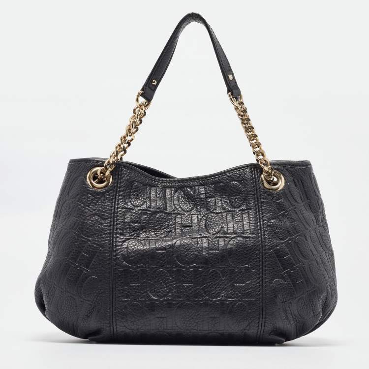 Pre Owned Carolina Herrera Black Monogram Embossed Leather Chain Hobo