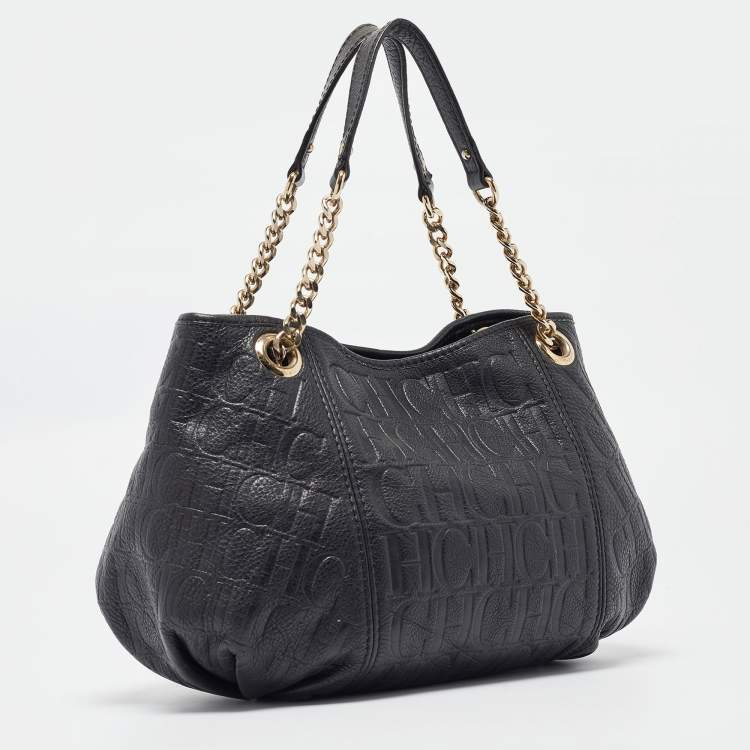 Pre Owned Carolina Herrera Black Monogram Embossed Leather Chain Hobo