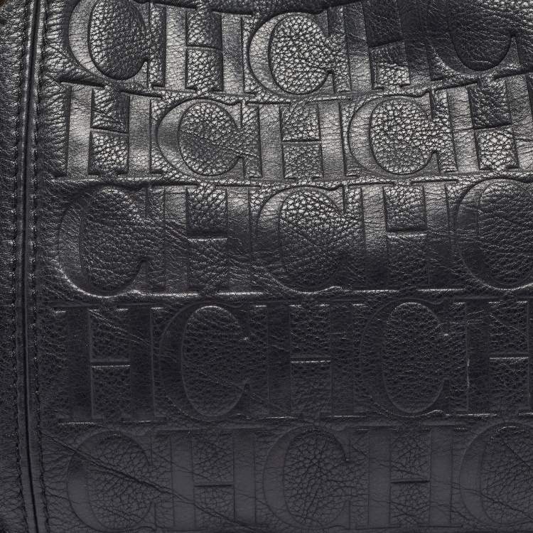 Pre Owned Carolina Herrera Black Monogram Embossed Leather Chain Hobo