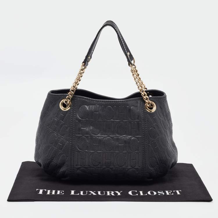 Pre Owned Carolina Herrera Black Monogram Embossed Leather Chain Hobo