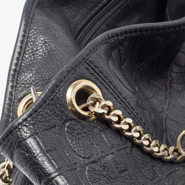 Pre Owned Carolina Herrera Black Monogram Embossed Leather Chain Hobo