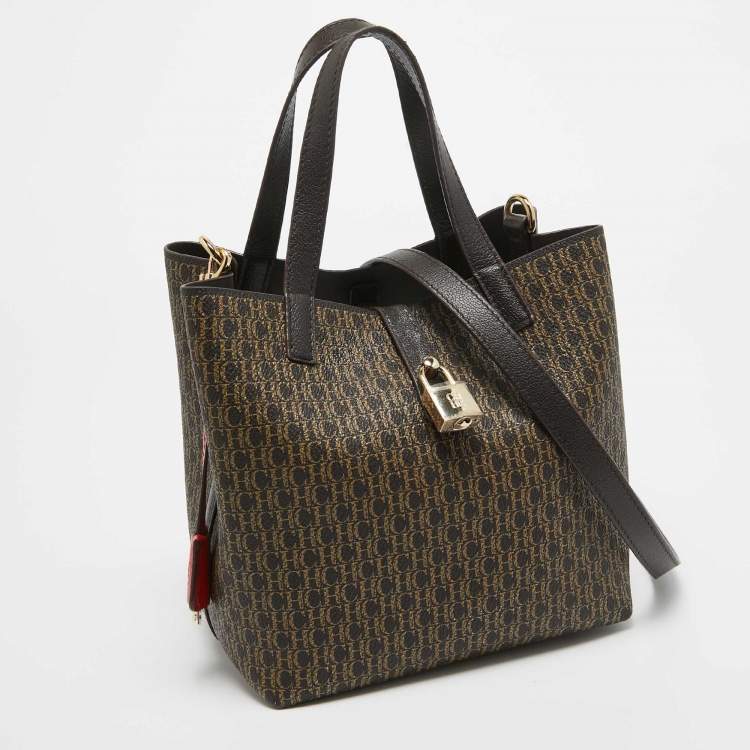 Pre Owned Carolina Herrera Dark Brown Monogram Coated Canvas and Leather Small Matryoshka Locked Tote