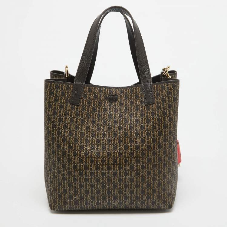Pre Owned Carolina Herrera Dark Brown Monogram Coated Canvas and Leather Small Matryoshka Locked Tote