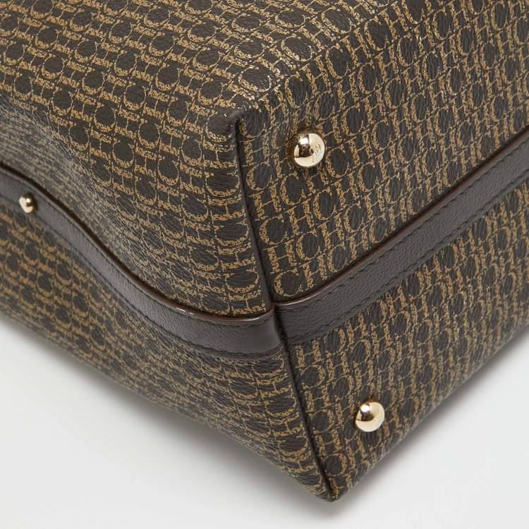 Pre Owned Carolina Herrera Dark Brown Monogram Coated Canvas and Leather Small Matryoshka Locked Tote