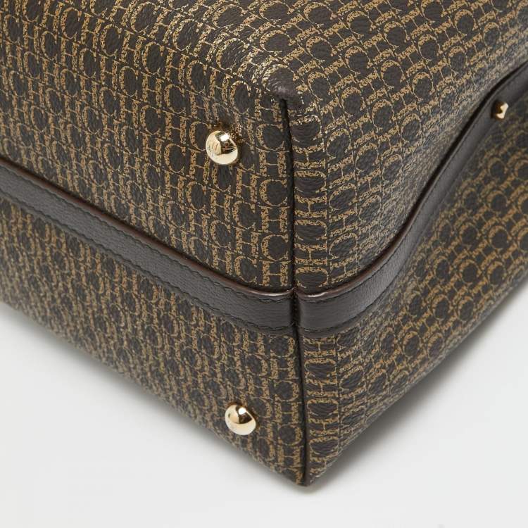 Pre Owned Carolina Herrera Dark Brown Monogram Coated Canvas and Leather Small Matryoshka Locked Tote