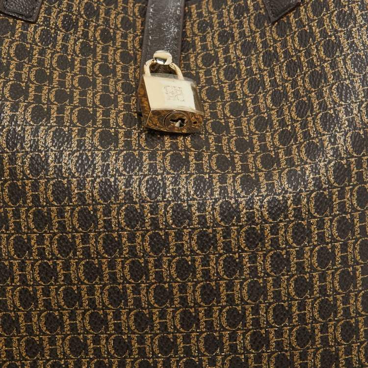 Pre Owned Carolina Herrera Dark Brown Monogram Coated Canvas and Leather Small Matryoshka Locked Tote