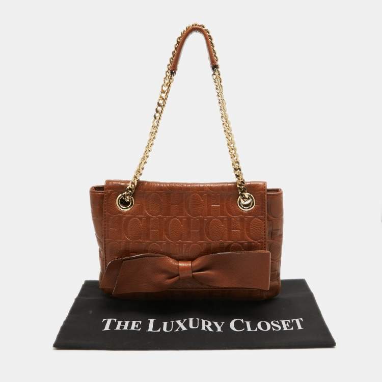 Pre Owned Carolina Herrera Brown Monogram Leather Audrey Shoulder Bag