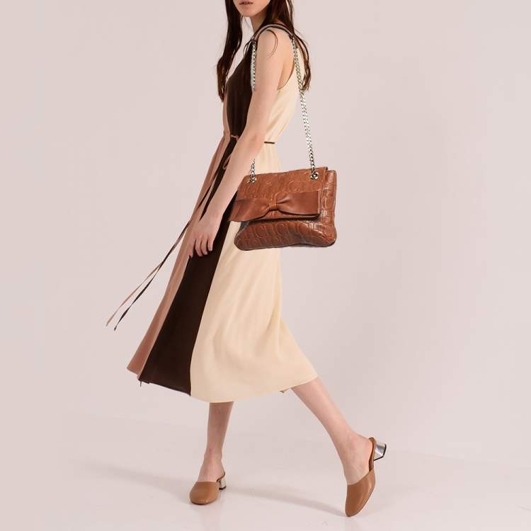 Pre Owned Carolina Herrera Brown Monogram Leather Audrey Shoulder Bag