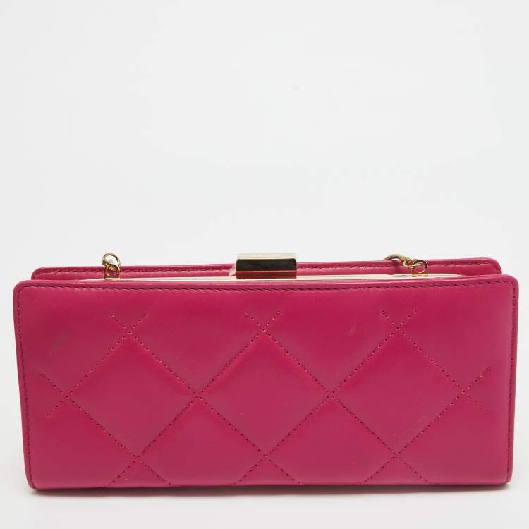 Pre Owned Carolina Herrera Pink Quilted Leather Frame Chain Clutch