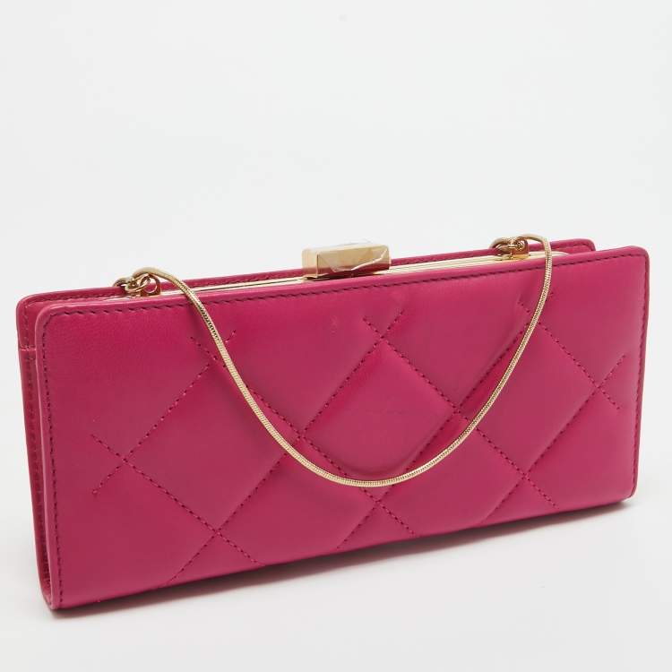 Pre Owned Carolina Herrera Pink Quilted Leather Frame Chain Clutch