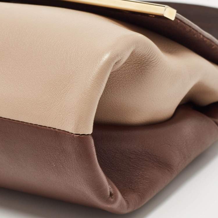 Pre Owned Carolina Herrera Brown/Beige Leather Camelot Colorblock Top Handle Bag