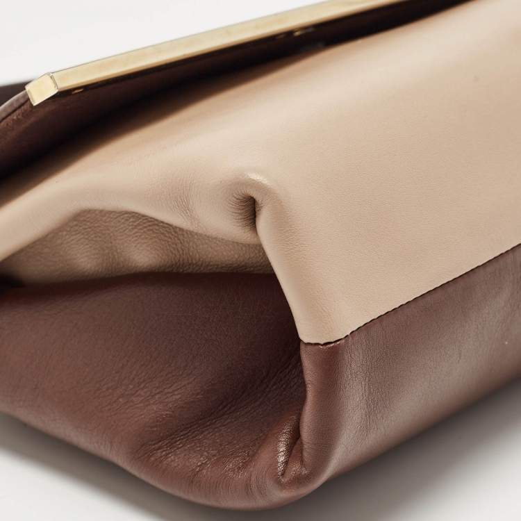 Pre Owned Carolina Herrera Brown/Beige Leather Camelot Colorblock Top Handle Bag