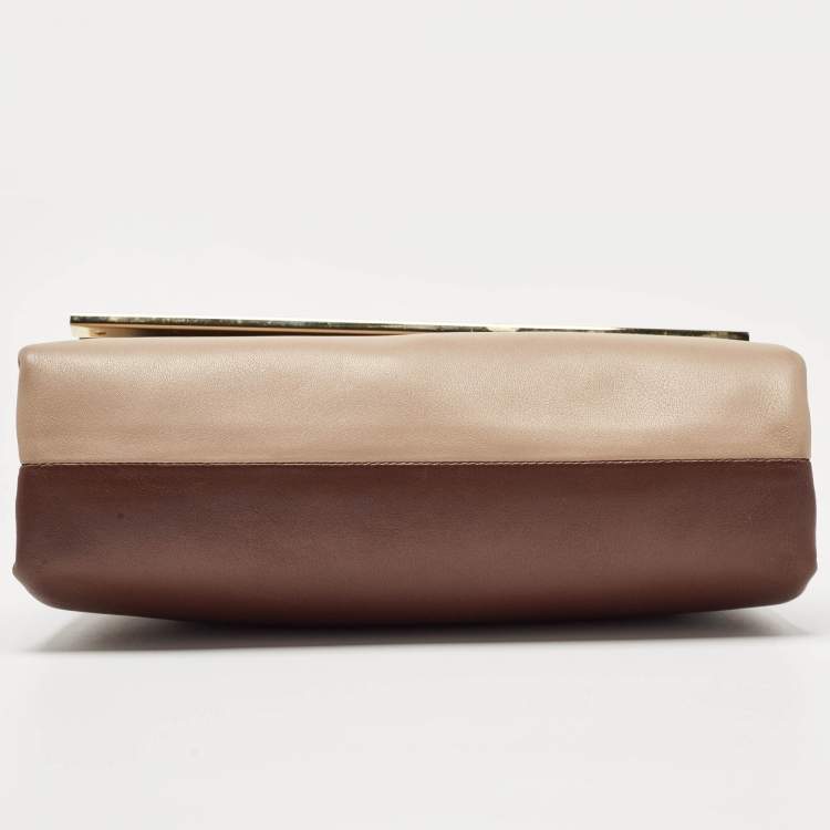 Pre Owned Carolina Herrera Brown/Beige Leather Camelot Colorblock Top Handle Bag