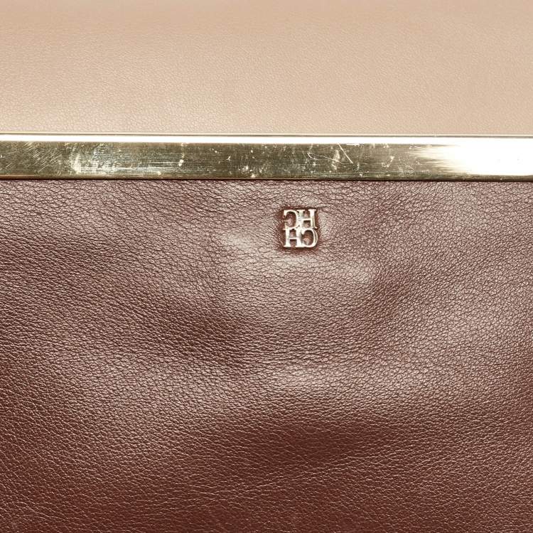 Pre Owned Carolina Herrera Brown/Beige Leather Camelot Colorblock Top Handle Bag