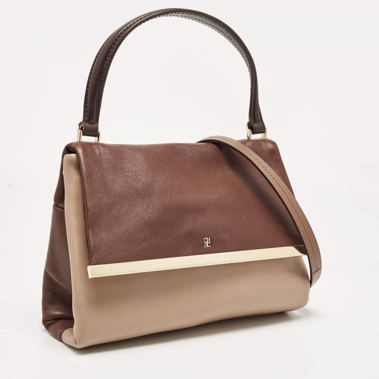 Pre Owned Carolina Herrera Brown/Beige Leather Camelot Colorblock Top Handle Bag