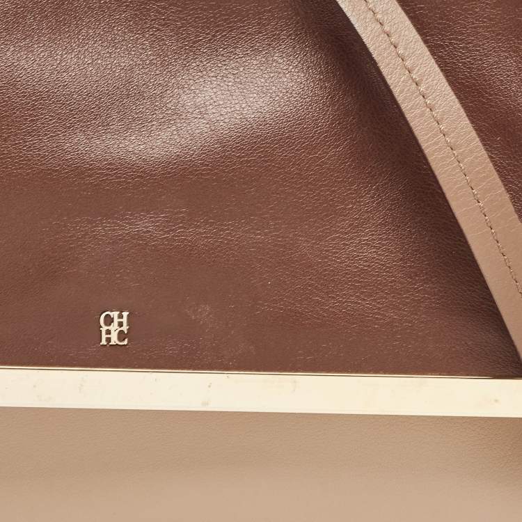 Pre Owned Carolina Herrera Brown/Beige Leather Camelot Colorblock Top Handle Bag