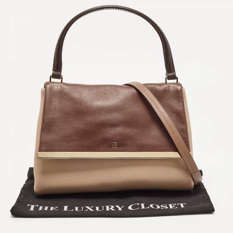 Pre Owned Carolina Herrera Brown/Beige Leather Camelot Colorblock Top Handle Bag