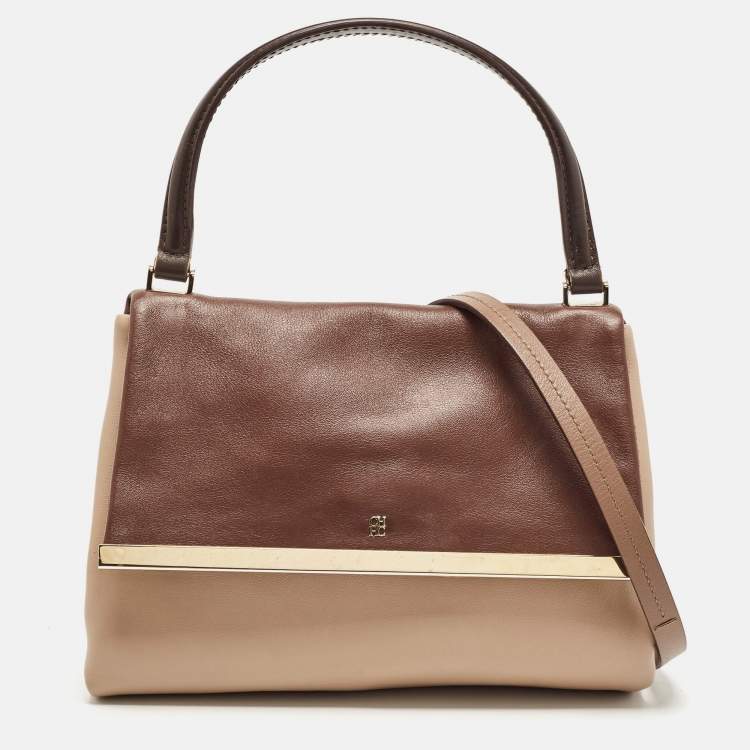Pre Owned Carolina Herrera Brown/Beige Leather Camelot Colorblock Top Handle Bag