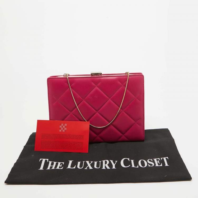 Pre Owned Carolina Herrera Pink Quilted Leather Frame Chain Clutch