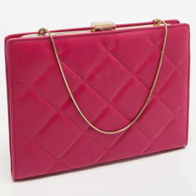 Pre Owned Carolina Herrera Pink Quilted Leather Frame Chain Clutch