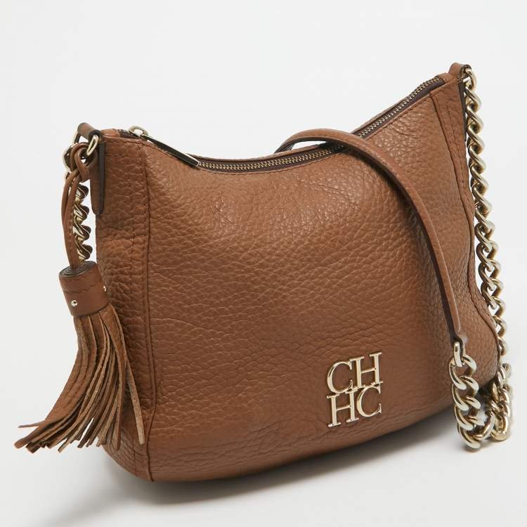 Pre Owned Carolina Herrera Brown Leather Tassel Chain Hobo