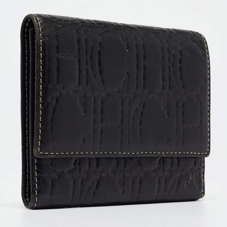 Pre Owned Carolina Herrera Dark Brown Logo Embossed Leather Trifold Wallet