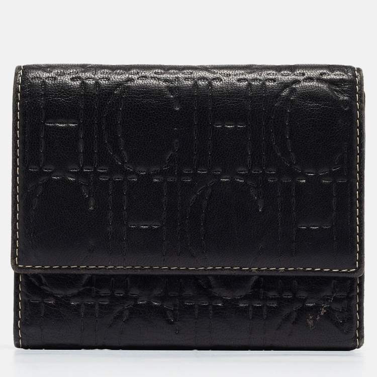 Pre Owned Carolina Herrera Dark Brown Logo Embossed Leather Trifold Wallet