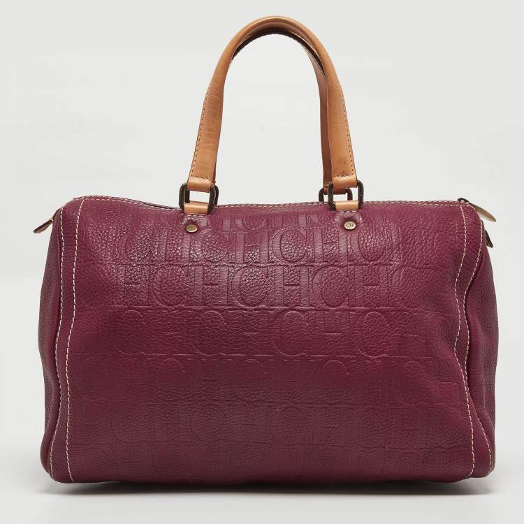Pre Owned Carolina Herrera Burgundy/Beige Monogram Leather Large Andy Boston Bag