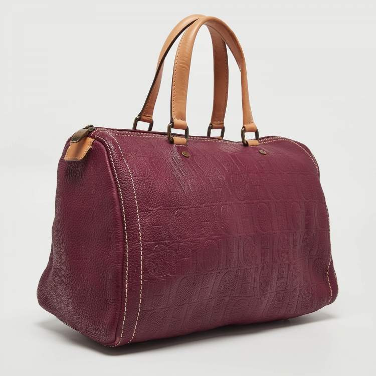 Pre Owned Carolina Herrera Burgundy/Beige Monogram Leather Large Andy Boston Bag