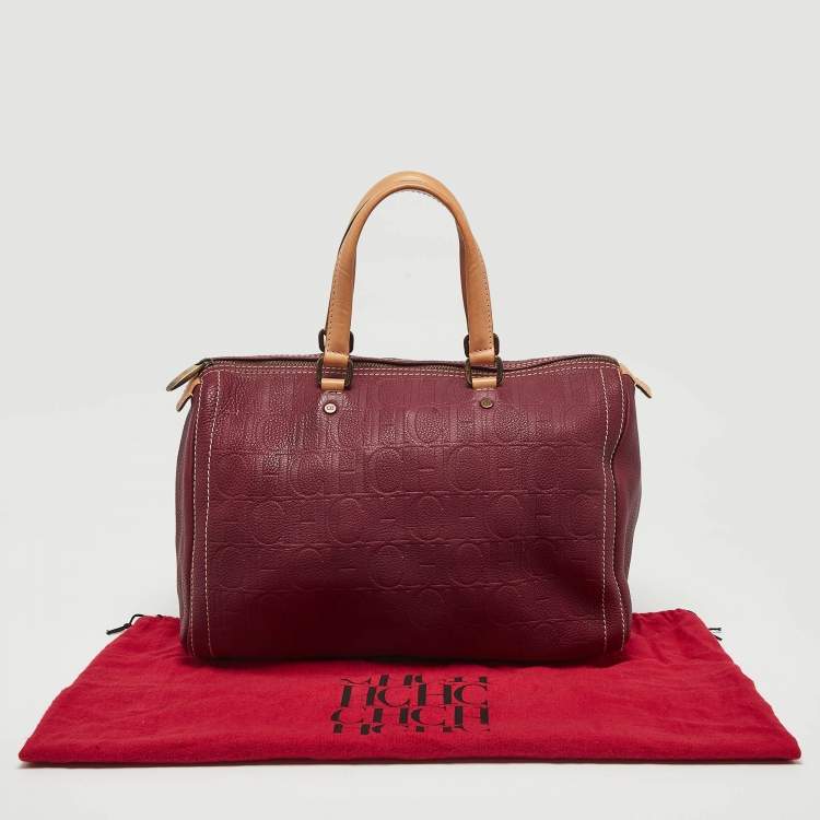 Pre Owned Carolina Herrera Burgundy/Beige Monogram Leather Large Andy Boston Bag