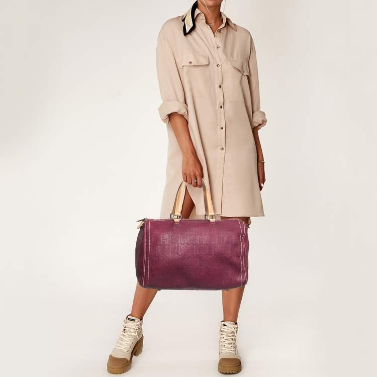 Pre Owned Carolina Herrera Burgundy/Beige Monogram Leather Large Andy Boston Bag