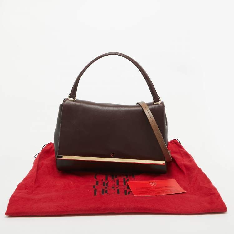 Pre Owned Carolina Herrera Burgundy/Brown Leather Camelot Top Handle Bag