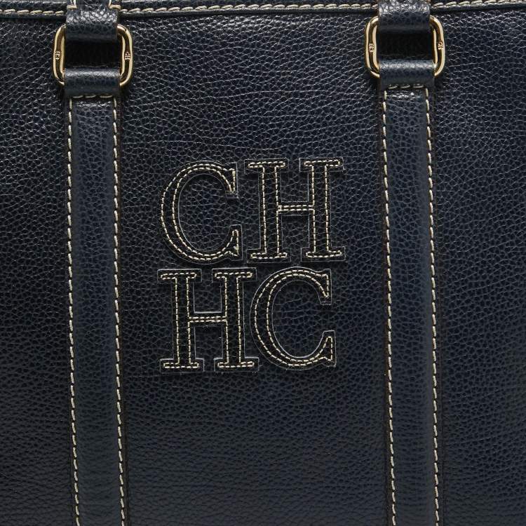Pre Owned Carolina Herrera Navy Blue Grained Leather Matteo Tote