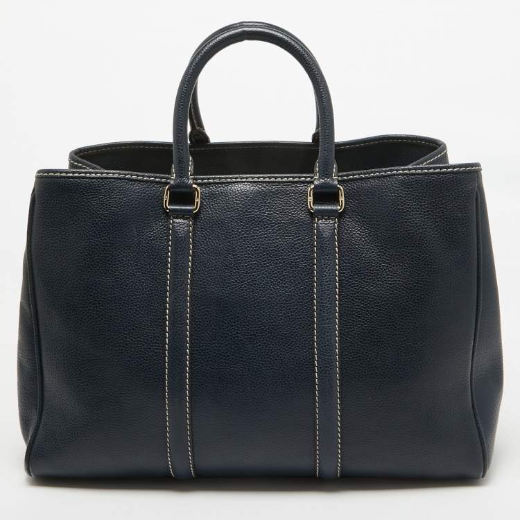 Pre Owned Carolina Herrera Navy Blue Grained Leather Matteo Tote