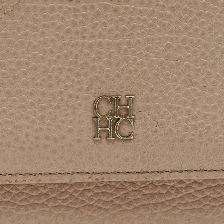 Pre Owned Carolina Herrera Peach Leather Logo Trifold Wallet