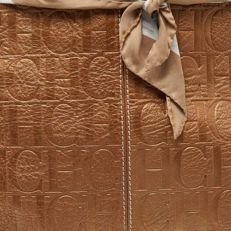 Pre Owned Carolina Herrera Bronze Monogram Embossed Leather Scarf Tote 
